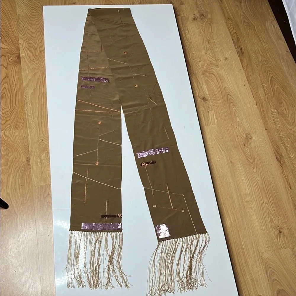 Geometric Silk 110” Scarf with Fringe and Beads - Picture 2 of 6